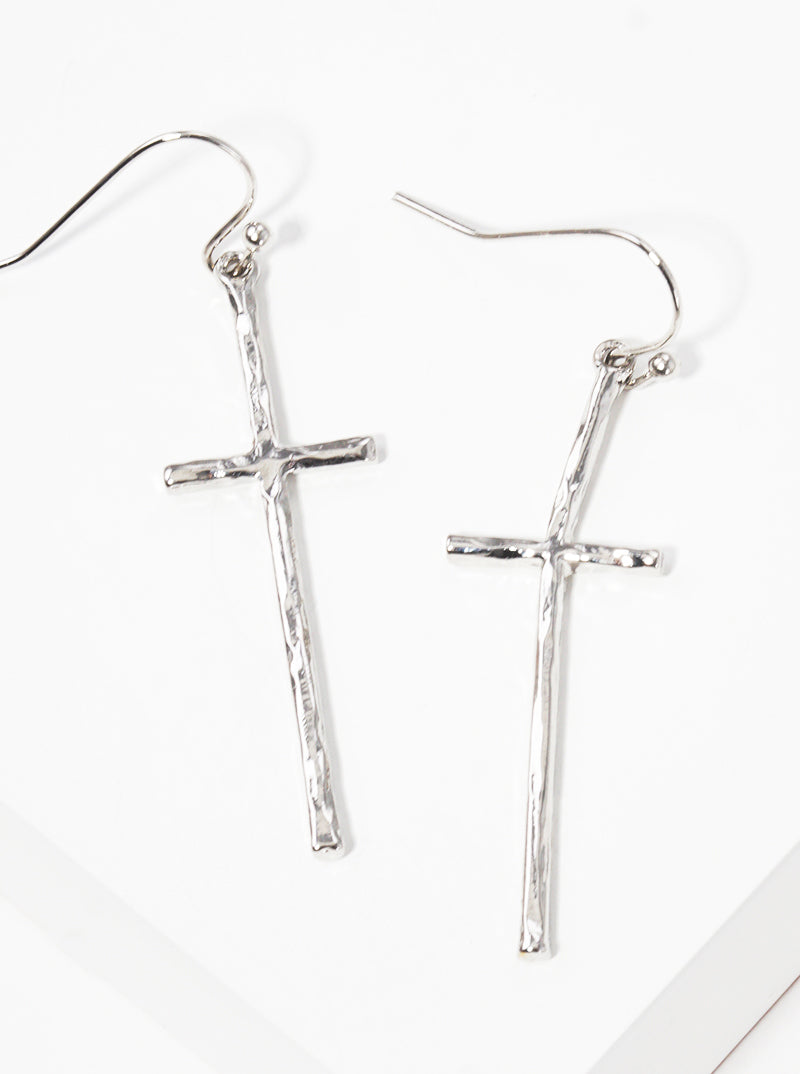 Hammered Cross Metal Fish Hook Dangle Drop Earrings