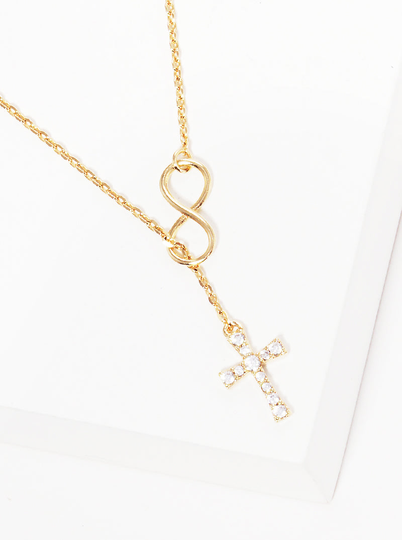 Gold Dipped Cubic Zirconia Pave Cross Infinity Pendant Necklace