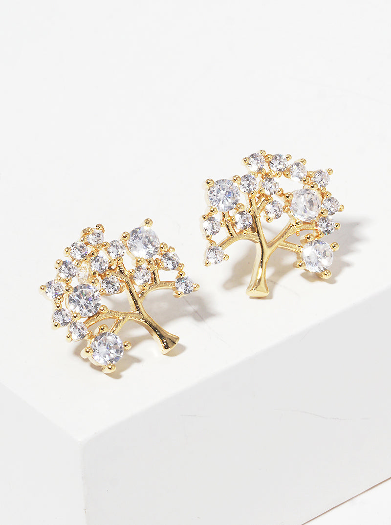 Gold Dipped CZ Tree of Life Stud Earrings