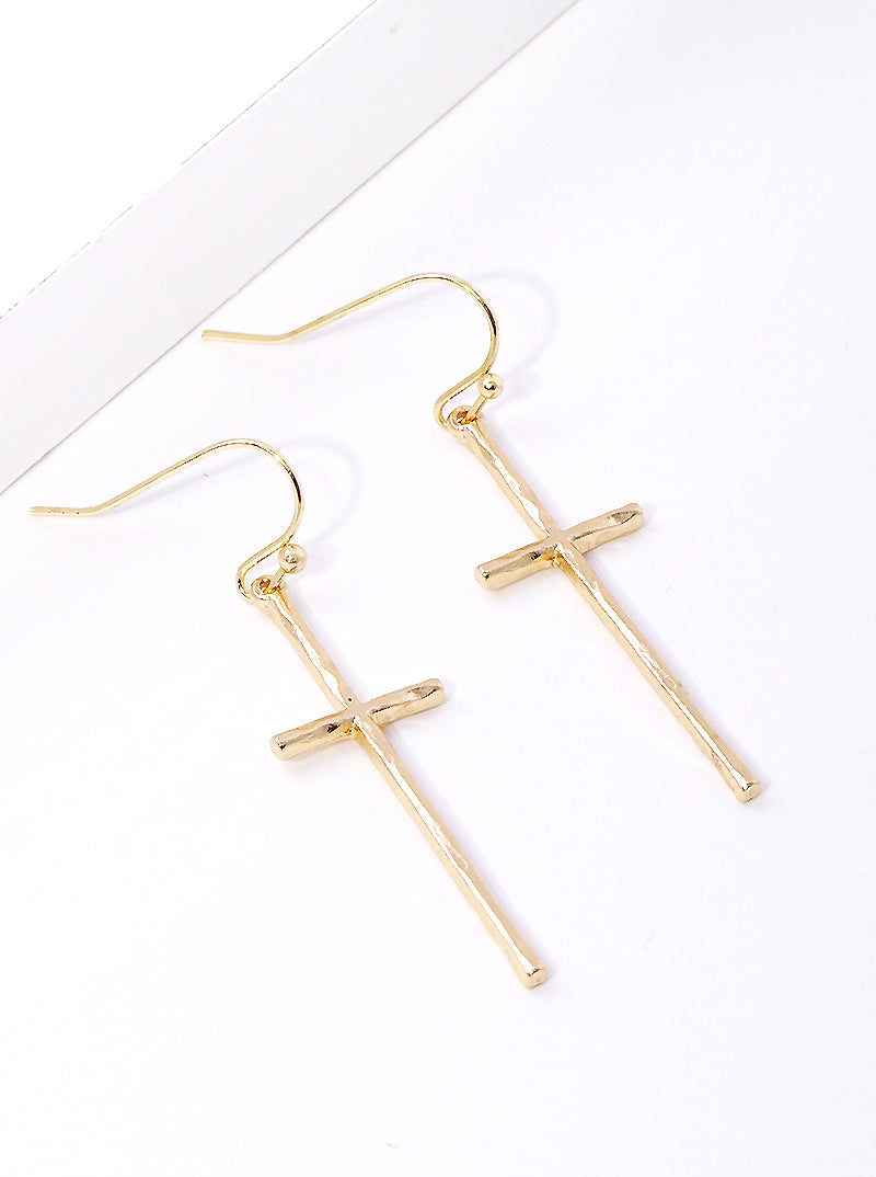 Hammered Cross Metal Fish Hook Dangle Drop Earrings