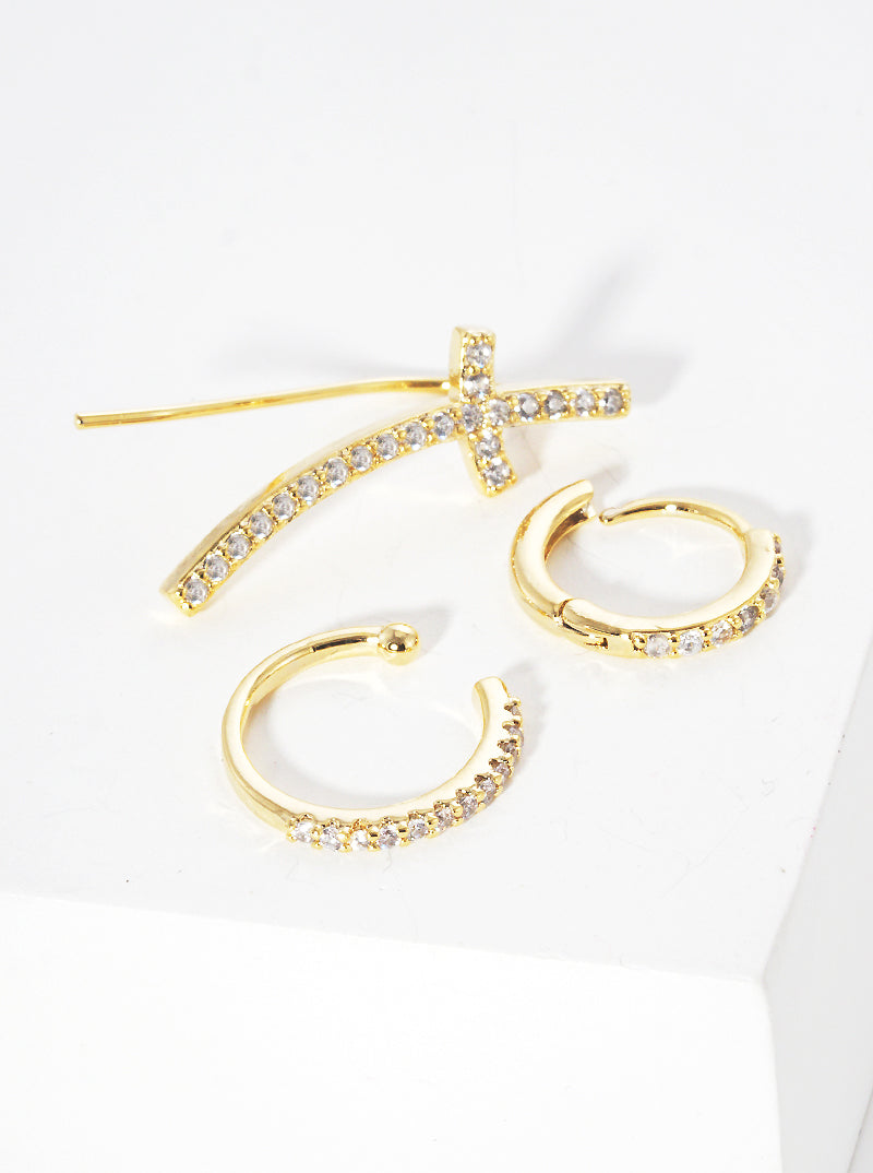 Set of 3 Gold Dipped Sideways CZ Cross Ear Crawler with Ear Cuff and Huggie Hoop Earrings