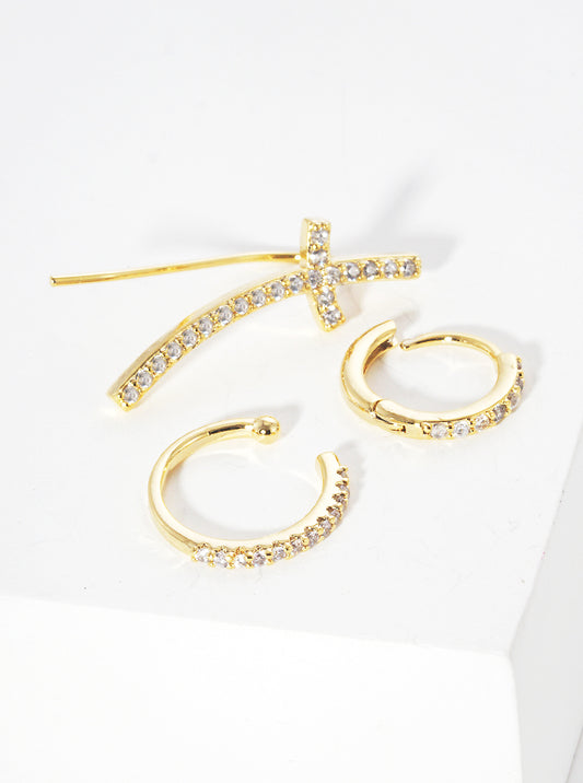 Set of 3 Gold Dipped Sideways CZ Cross Ear Crawler with Ear Cuff and Huggie Hoop Earrings