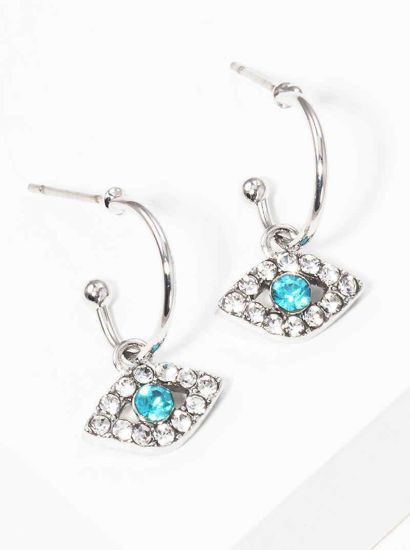 Pave Crystal Evil Eye Charm Dangle Hoop Earrings