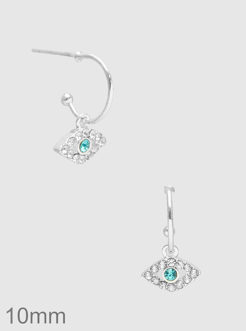 Pave Crystal Evil Eye Charm Dangle Hoop Earrings